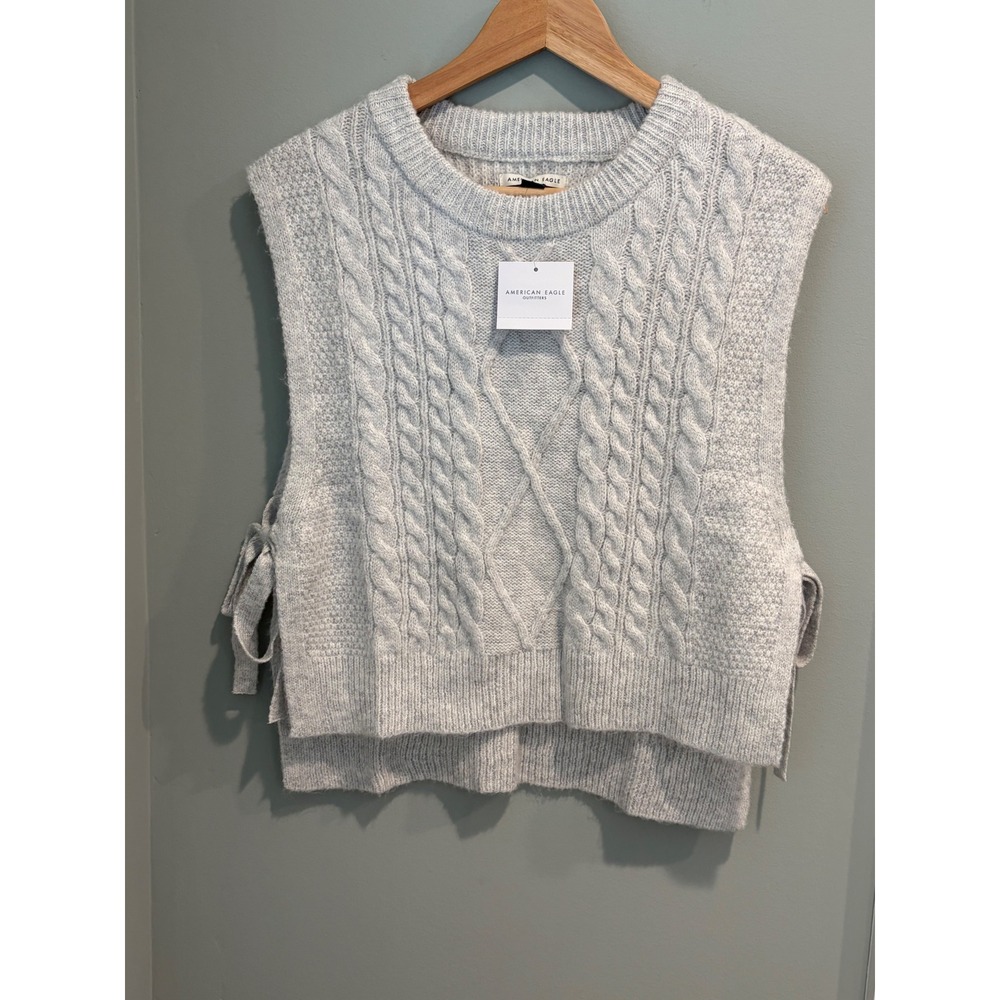 American Eagle Light Gray Cable Knit Side Tie‎ Sweater Vest Women XS NEW